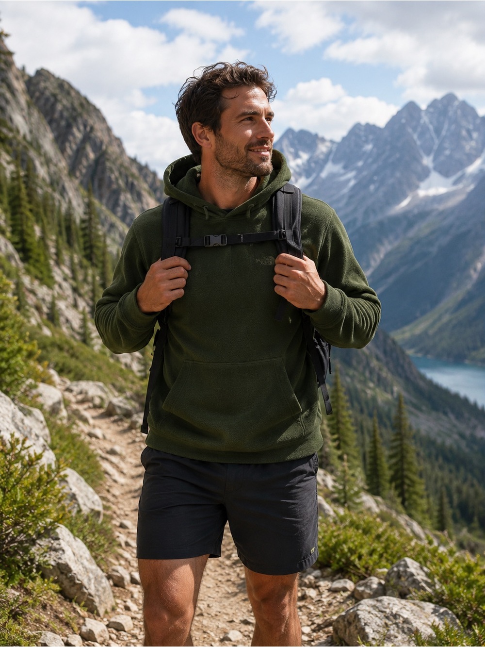 The North Face Forest Green Fleece Hoodie Men’s Large Pullover Outdoor Hiking